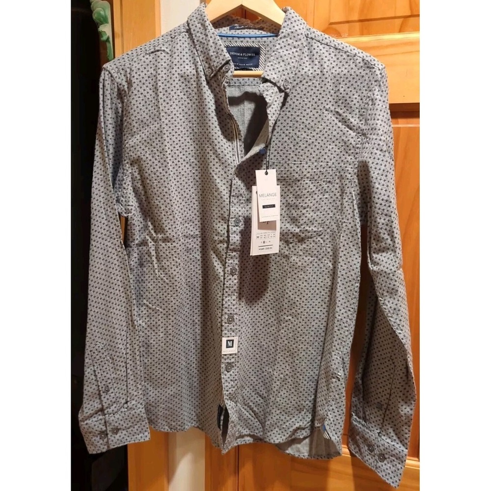 NWT Denim & Flower Shirt Mens Flannel Gray Print‎ Long Sleeve Button Down Size M